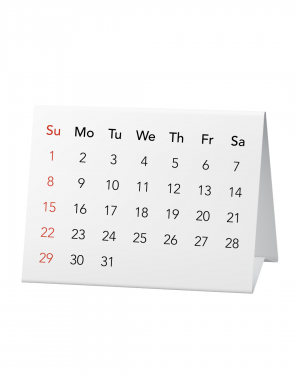 Calendário de Mesa Couché 300g 15cm x 25cm 4x0 (Frente Colorido x Verso em Branco) Verniz Total Frente Corte e Vinco 