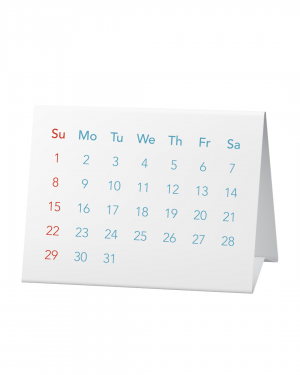 Calendário de Mesa Couché 300g 9.8cm x 25.9cm 4x0 (Frente Colorido x Verso em Branco) Verniz Total Frente Corte e Vinco 