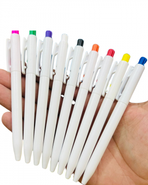Caneta Personalizada c/ clique colorido plástico branco     