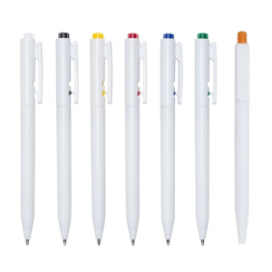 Caneta Personalizada c/ clique colorido plástico branco     