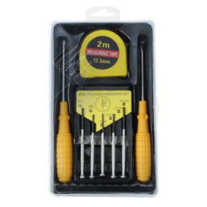 KIT FERRAMENTAS 8 PEÇAS      Contém chave Phillips, trena de 2 metros com trava, conjunto de 5 chaves de precisão e chave de fenda.